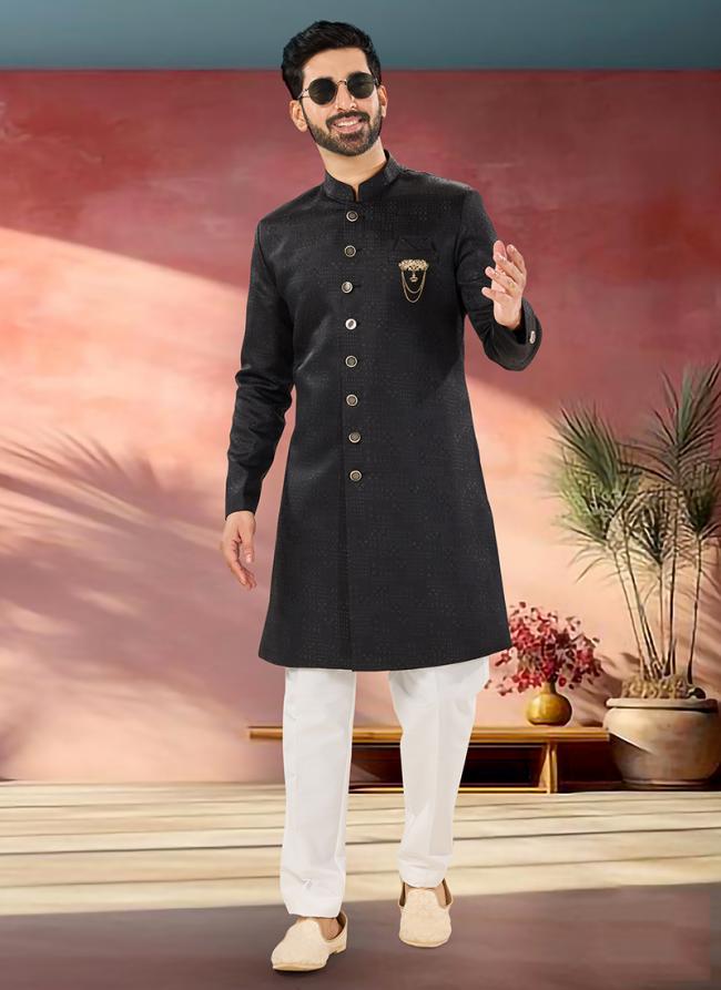 Jacquard Black Wedding Wear Embroidery Work Readymade Sherwani